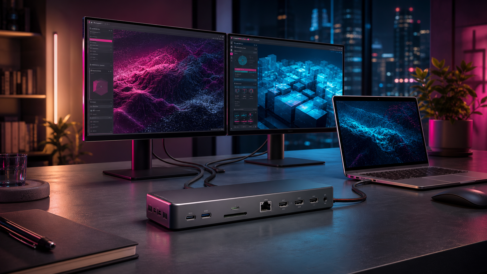 A compact USB-C docking station connecting a laptop to 2 monitors with minimal cable clutter on a cyberpunk-styled home-office desk.