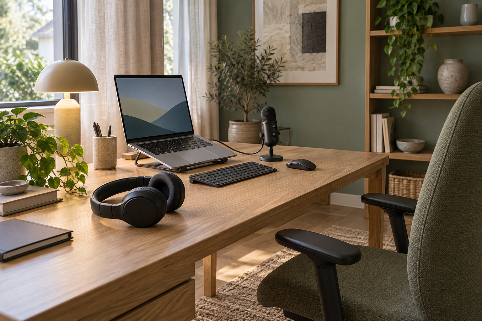 Wireless headphones beside a laptop and separate desktop microphone on an oak desk in a softly lit home office.