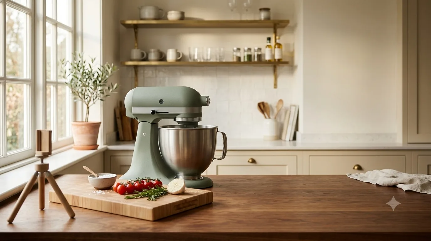 A sage stand mixer and wood cutting board on a warm kitchen counter, styled for filming.