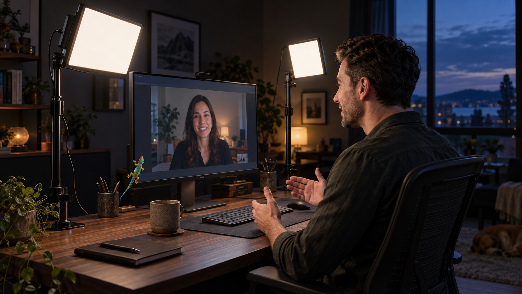 A man on a video call in a low-light home office, lit by two key light panels as a colorful gecko climbs the monitor.