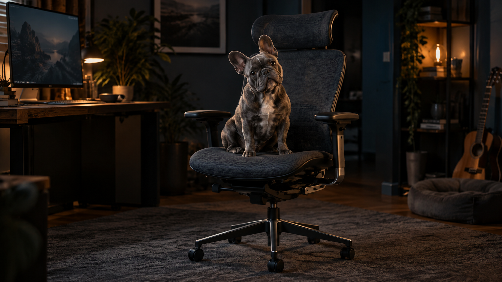 A small gray French bulldog sitting in a premium office chair in a dark home office at night