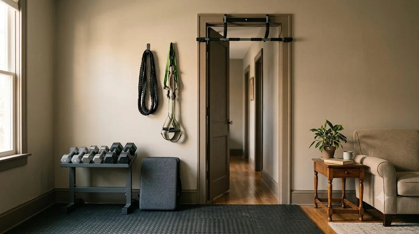 A compact home-gym corner with adjustable dumbbells, a folding bench, and a doorway pull-up bar.