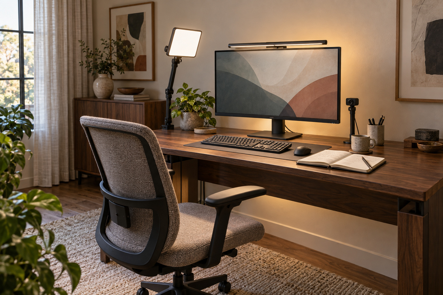 A walnut home-office desk with a monitor light bar, warm wall lighting, and a separate panel light beside the screen.