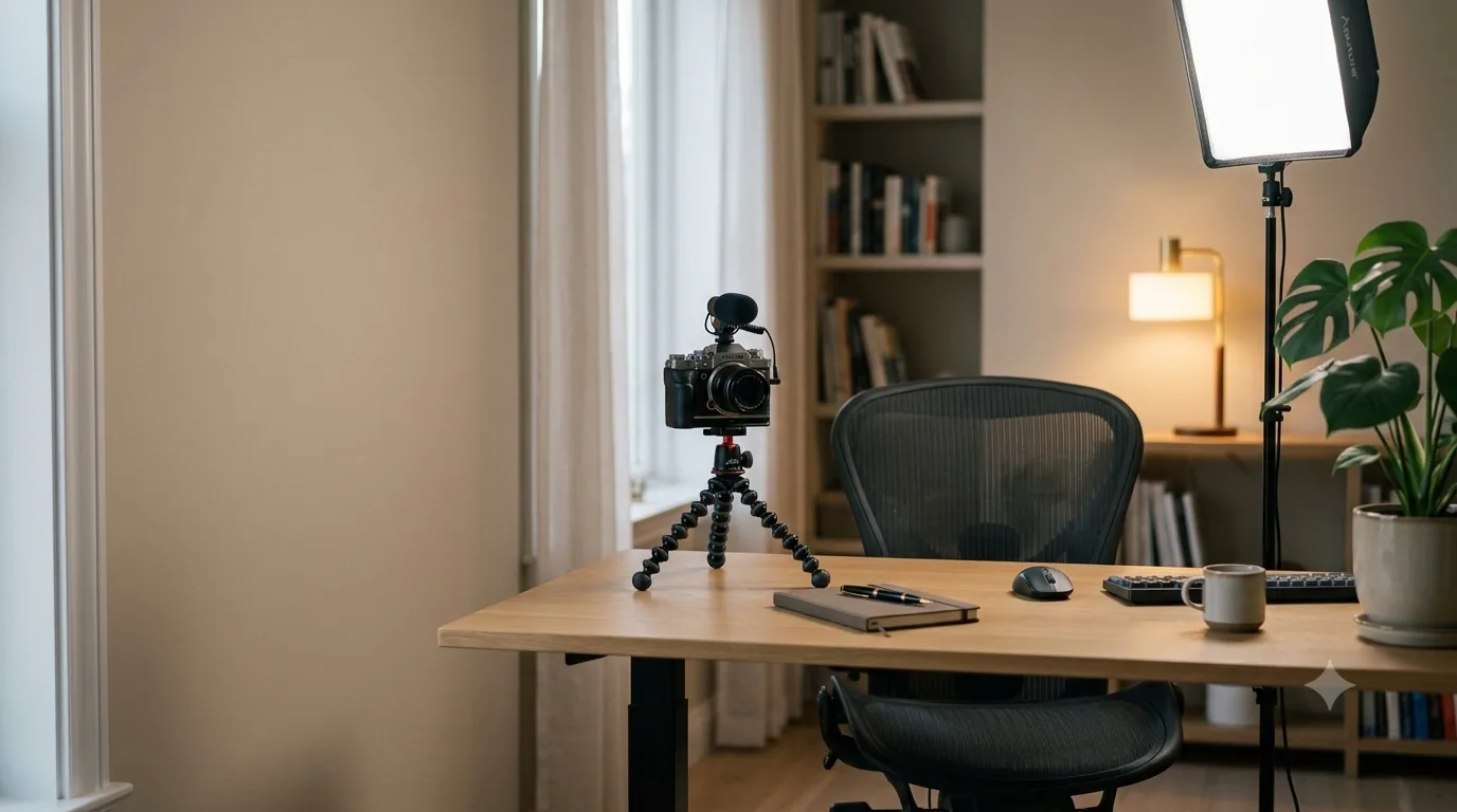 A tidy home-office desk set up for video calls with a key light and camera on a tripod.