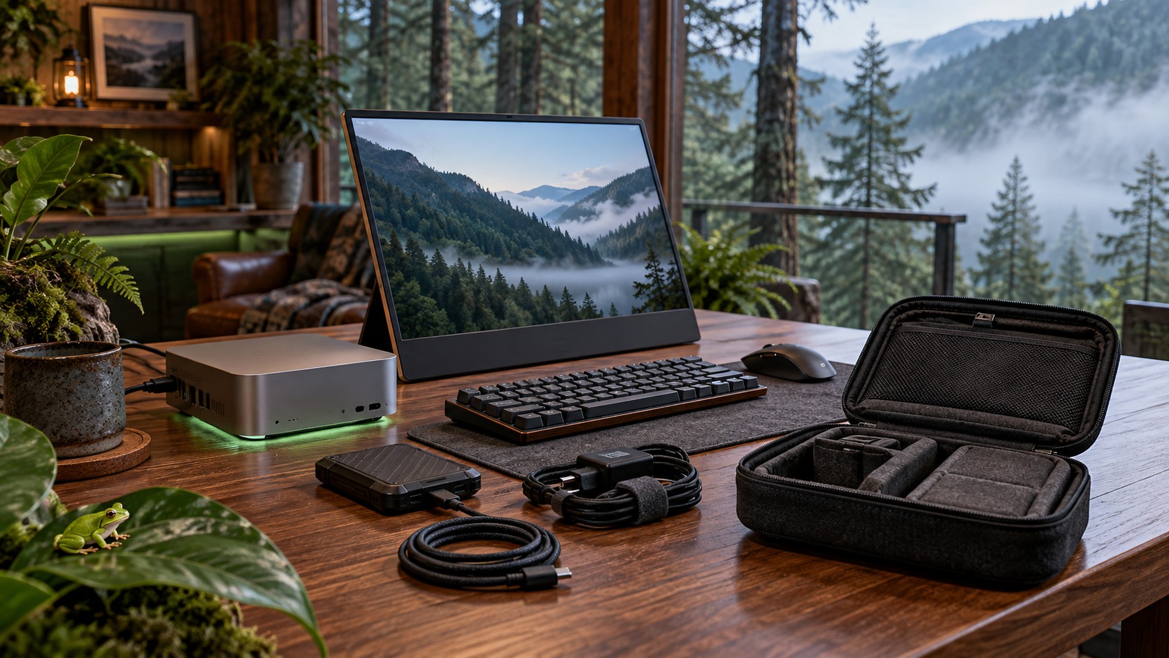 A mini PC, portable monitor, keyboard, SSD, and cables arranged for packing in a forest office, with green underlighting and a small tree frog on a leaf.
