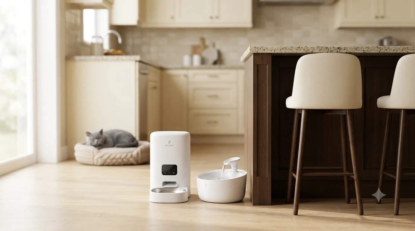 A white smart wet-food feeder and RFID water fountain in a bright kitchen with a resting cat.