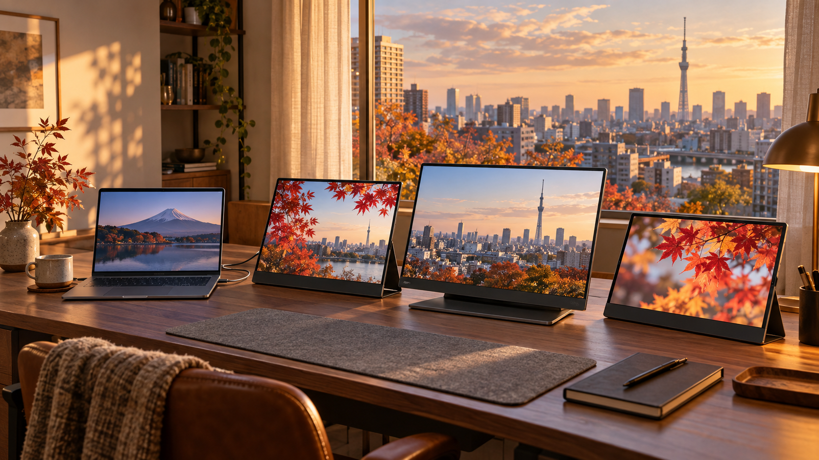A laptop and 3 correctly scaled portable monitors on a warm apartment desk overlooking the Tokyo skyline through autumn leaves.