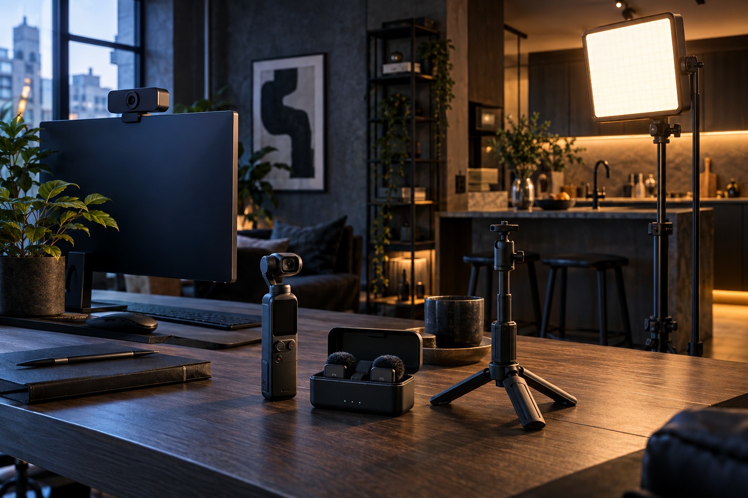 A pocket gimbal camera, desk webcam, wireless microphone, small tripod and LED panel arranged as a portable filming kit.