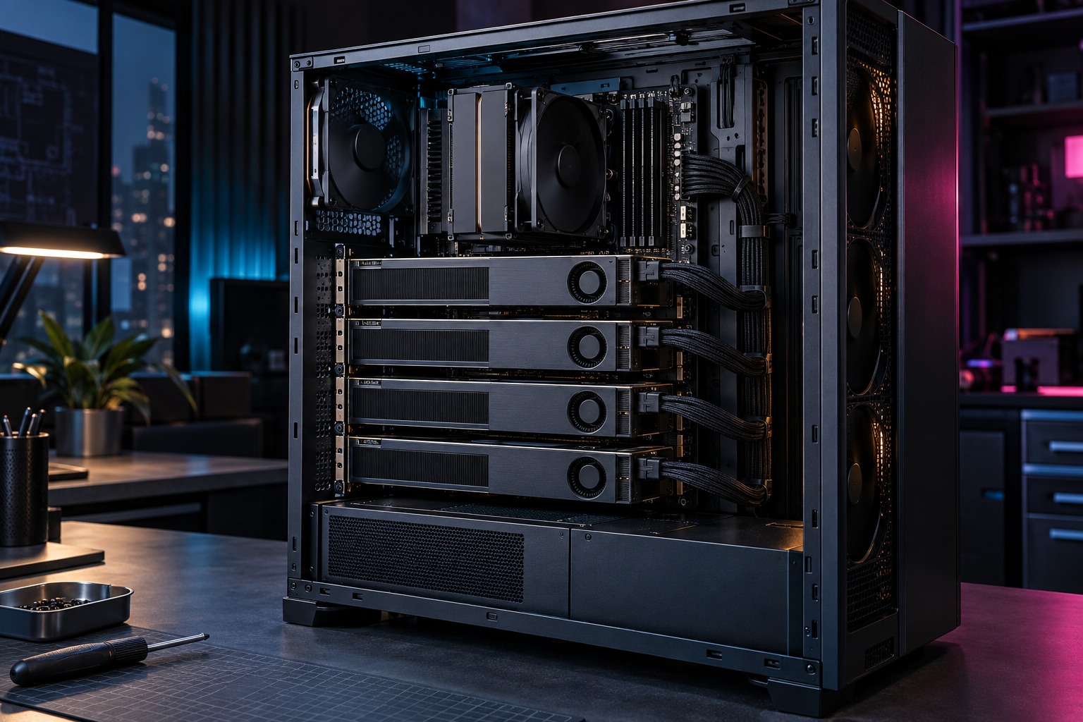 A single Intel Arc Pro B70 32GB card installed in a home-office workstation, with the power cable seated and clear bend room.
