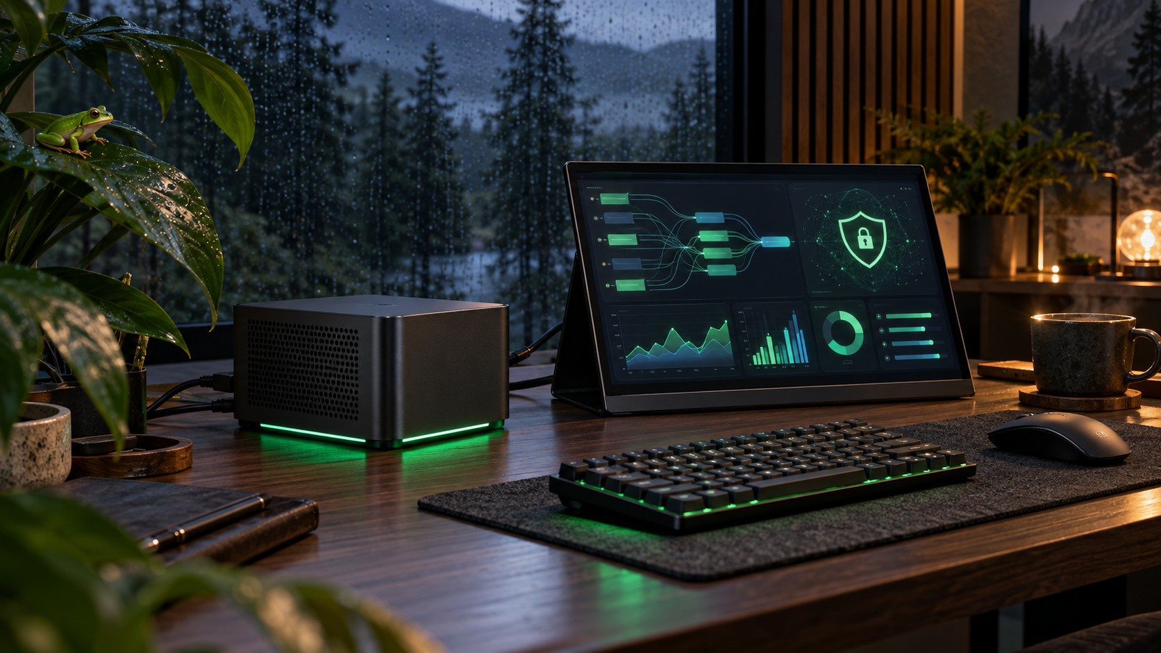 A compact local AI workstation running beside a rain-dark forest window, with green underlighting and a small tree frog perched on a leaf.