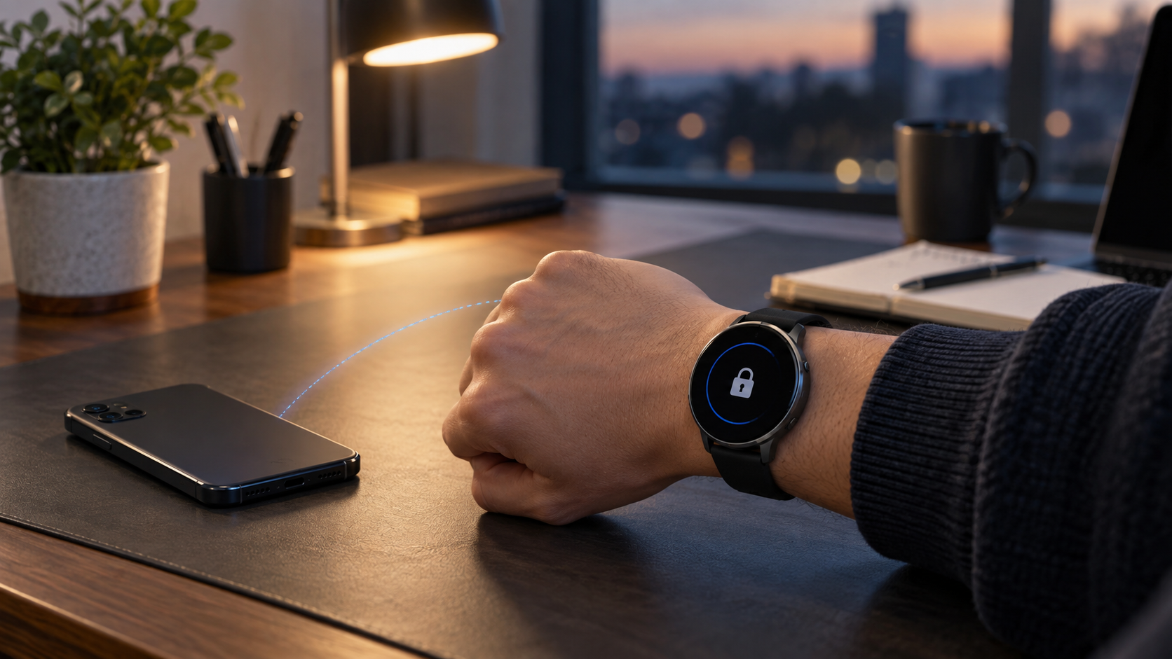 Person wearing a smartwatch beside a phone, with a fading Bluetooth signal and privacy lock symbol