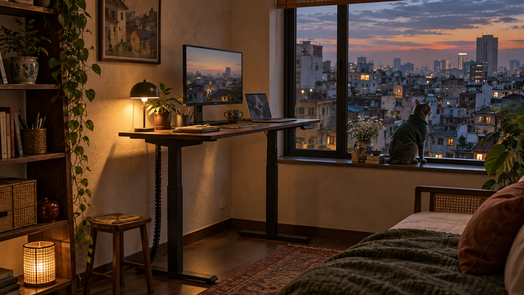 A compact standing desk in a warm Hanoi apartment with a gray cat in a green sweater watching the city at dusk.