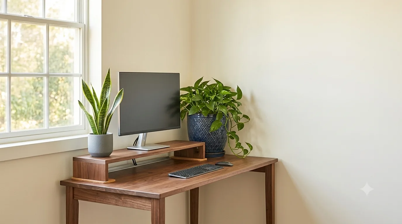 A solid walnut desk shelf holding a monitor above a minimalist wood desk.